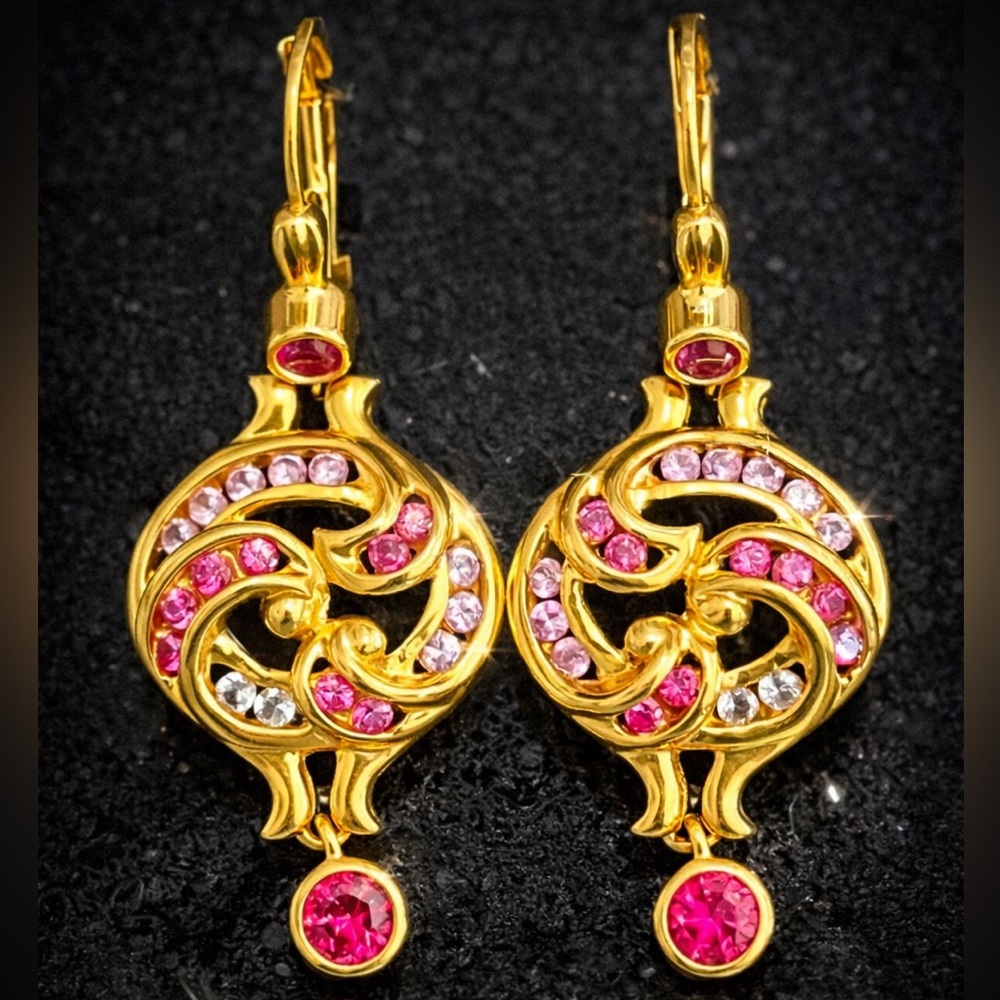 Suzanne Somers Vintage pink fuchsia cz dangle drop leverback earrings gold HSN
